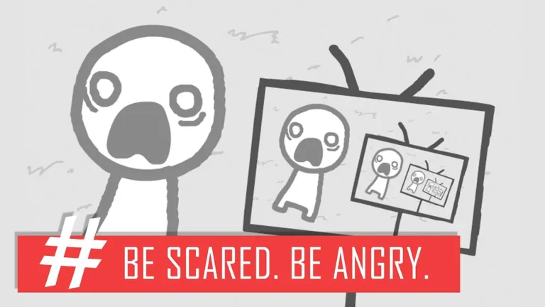 Say Cheese! Roblox scared circle in front of a news screen reading Be Scared. Be Angry.