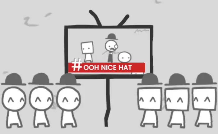 Say Cheese news screen showing the headline Ooh Nice Hat while circles and squares wear bowler hats