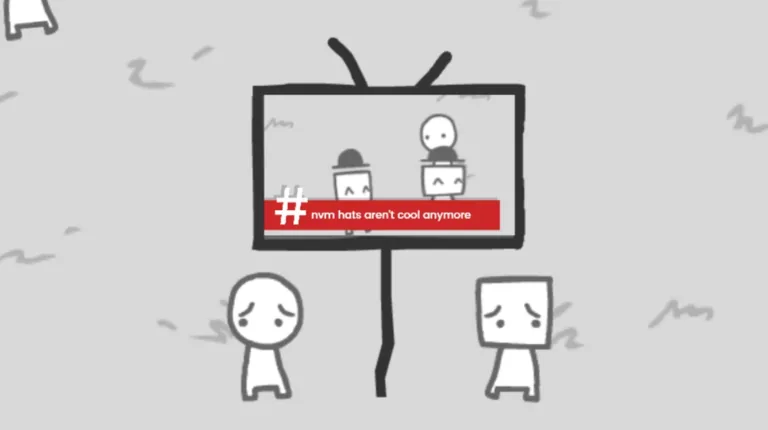 Say Cheese news screen showing the headline nvm hats aren't cool anymore with sad characters below